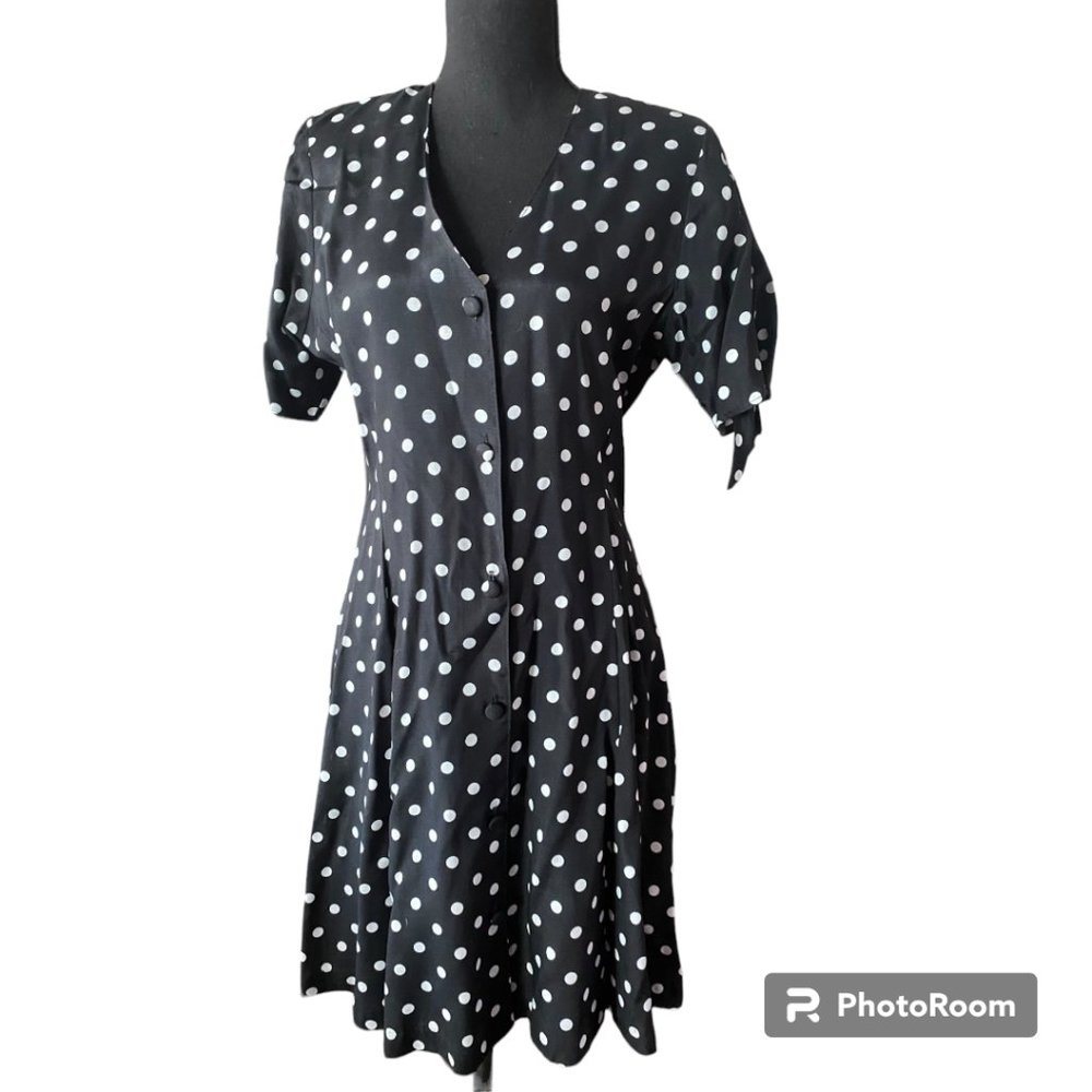 Clio Petites Vintage 80s Women's button down black/ white Polka‎ Dot Dress sz 8P
